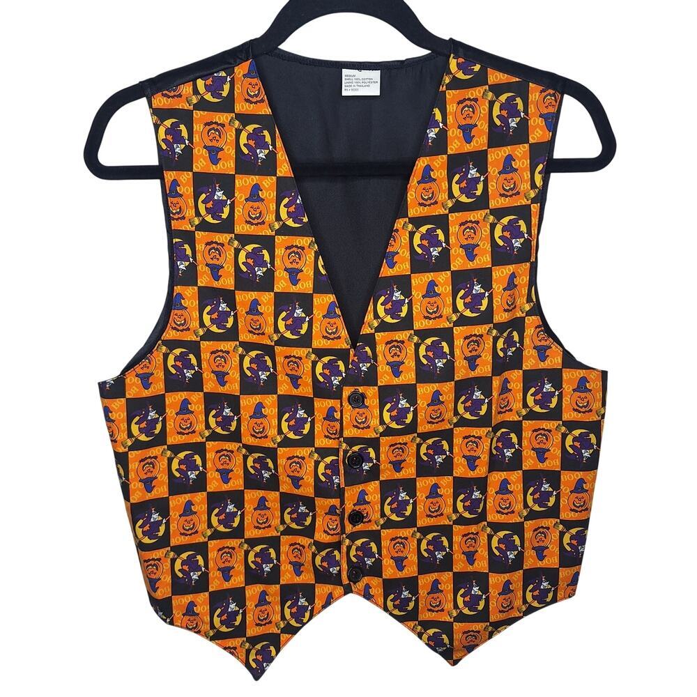 Vintage 90s Y2K Fall Halloween Vest Tie Back Medium Pumpkin Witch Jack-O-Lantern